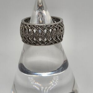 Elegant Sterling Silver Marked ESPO. CZ's Marcasites Filigree Band Ring Sz. 8.5
